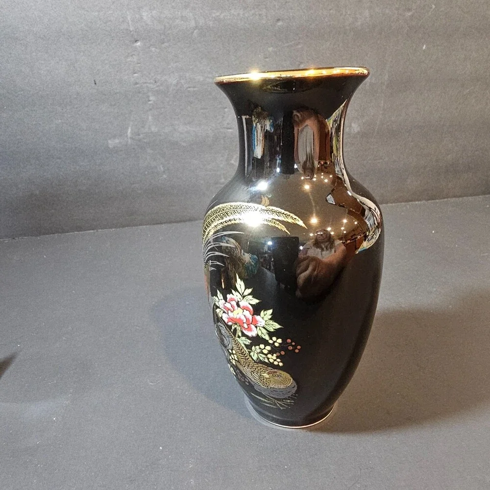 Vtg Black Japanese Cobalt Quail Hand-painted Vase Excellent Condition